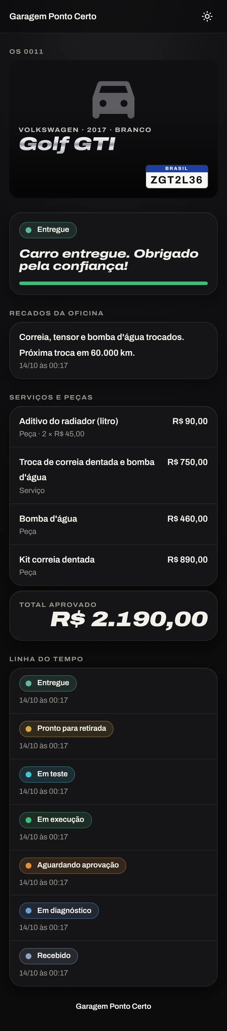 Página de acompanhamento que o cliente abre pelo link