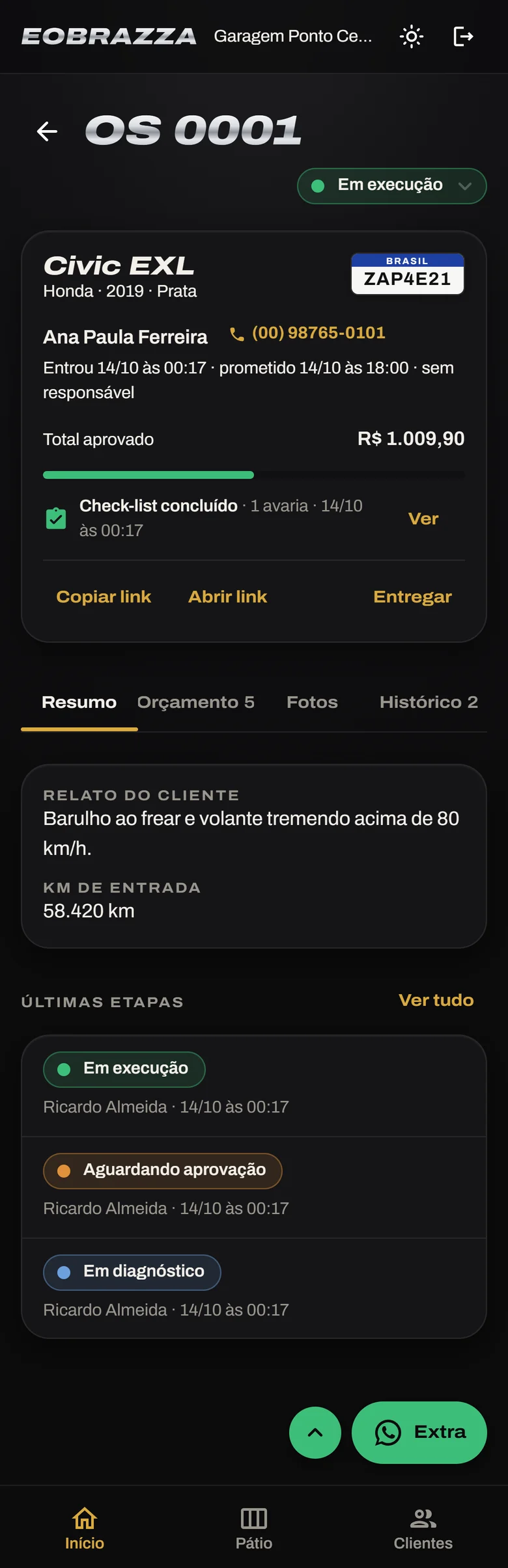 OS 0001 do Civic em execução, com botão de WhatsApp para enviar um extra