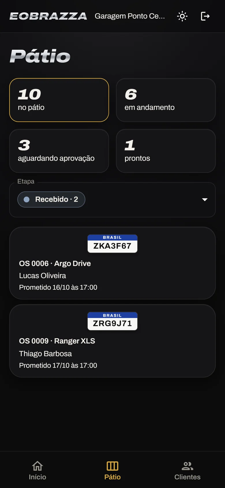 Pátio no celular: contadores do pátio e carros filtrados por etapa